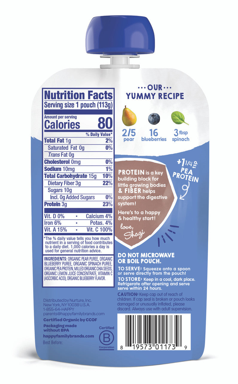 Happy Tot Organics Fiber & Protein, Pears, Blueberries and Spinach (16x4 OZ)-1